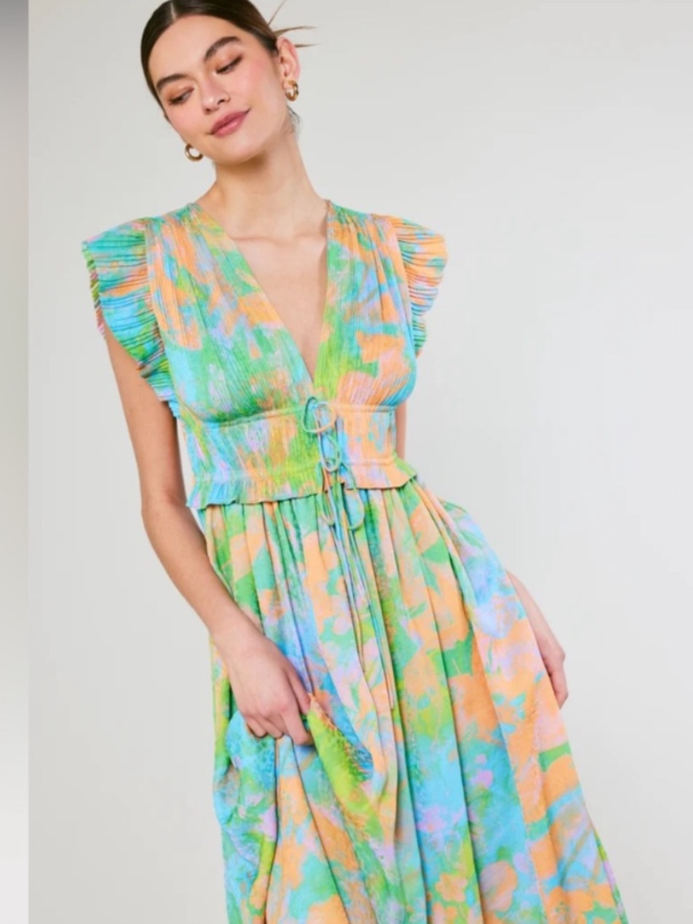 Current Air Islamorada Multicolor Pleated V-Neck Midi Dress - Picture 6 of 10